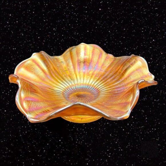Fenton Glass Stippled Rays Scale Band Exterior Iridescent Bowl Marigold 6.5”W 2” - Picture 2 of 12
